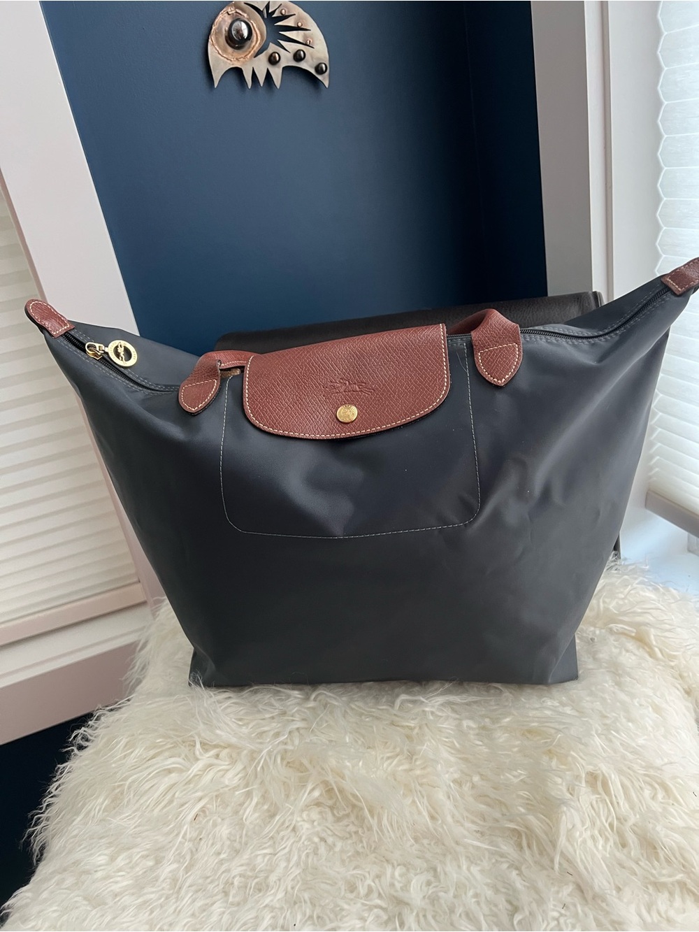 Longchamp Black Nylon Tote with Brown Leather Trim